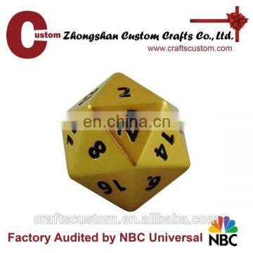 Custom 20 sided metal RPG dice in misty gold finish