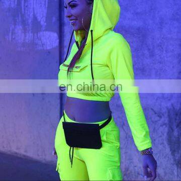 Women Two Piece Set Reflective Glow Effect  blank cropped top hoodie