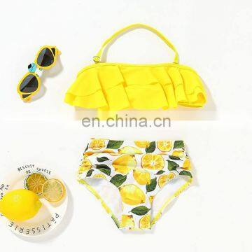 Two Pieces Kids Girls Lemon Swimsuit Floral Print children Swimwear Baby Girls Yellow Bikini