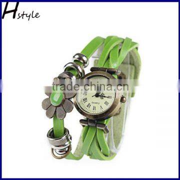 Ladies Flower Sense Retro Wrap Around Weave Leather Quartz Bracelet Wrist Watch Green WP007