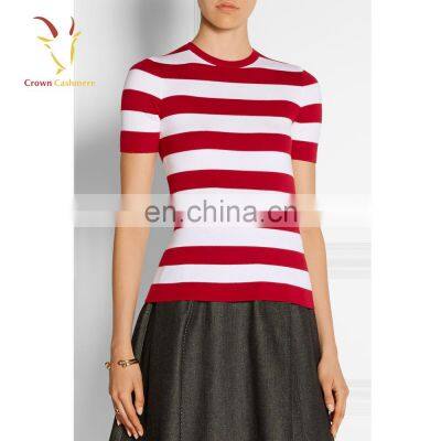 Ladies red and white striped short sleeve pure cashmere sweater