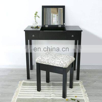 Black Vanity Table Set Makeup Jewelry Mirrored Dressing Table Stool Set