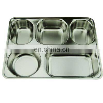 School Mess Stainless Steel Dinner Plate Buffet Tray  Lunch Box, High Quality 5 Compartment Dinner Plate