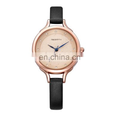 REBIRTH RE067 Hot Stone Quartz Watch Women Rose Gold Case Thin Leather Strap Watches Blue Analog Watches Women