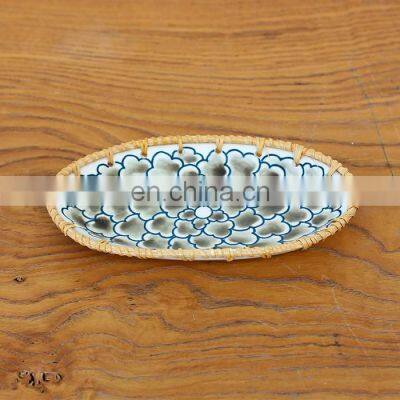 Hot Sale Factory Wholesale Vietnam Rattan Ceramic Fruit Plate Japanese Living Room Household Snack Tray Wholesale photo-3