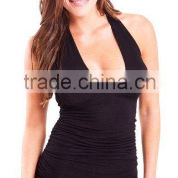 Ladies Black Ruched Side Deep V-Neck Sleeveless Halter Top