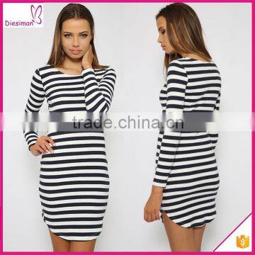 Hot selling long sleeeve rayon short dress black and white stripe dress for women