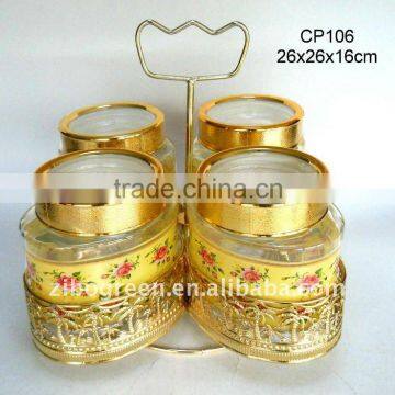 4pcs oval glass jar with printing with turning golden rack(CP106)