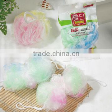 Wholesale three color soft bath spong ,high grade bath ball, mesh shower wash sponge for promotiona