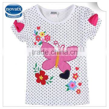 (K6358) 2-6Y Nova factory kids wear Guangzhou cheap children tshirts applique polka dot summer girl tshirts butterfly tops child