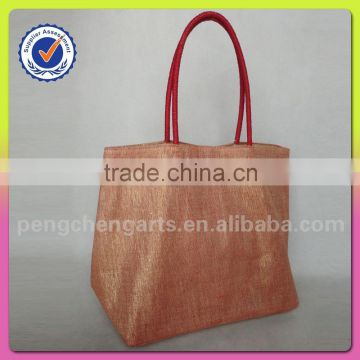 Fashion tote shoulder bag red color jute and cotton material lady handbag