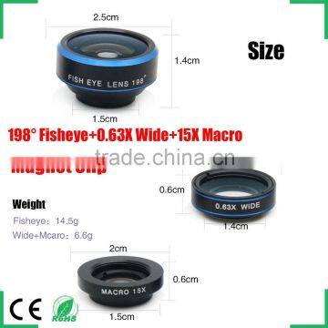 optical lens manufacturer 0.63x wide+15xmacro+198 degree fish eye lens 3 in 1 double convex lens with CE/ROHS certificate