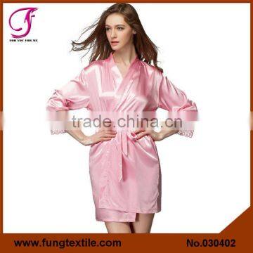 030401 Wholesales Woman Short Solid Pink Satin Robes