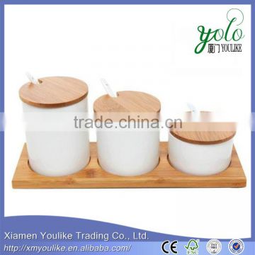 Set of 3 White Ceramic Condiment Pots Spice Serving Jars Bamboo tray