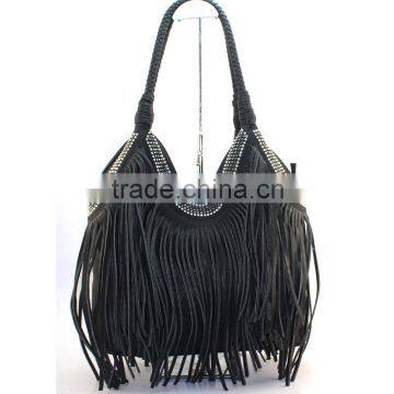 Black genuine leather western style purses women tassel tooled handbags