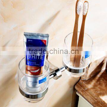 bathroom accessory with brass double cup holder for hotel family use.