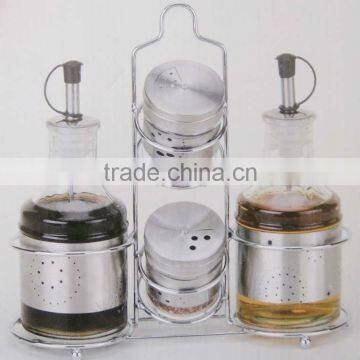 round clear glass spice jar set with metal rack