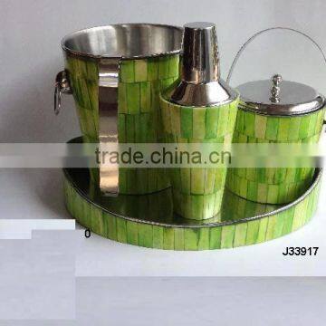 Steel cocktail shaker wine cooler with Ice bucket mosaic of Bone in green finish