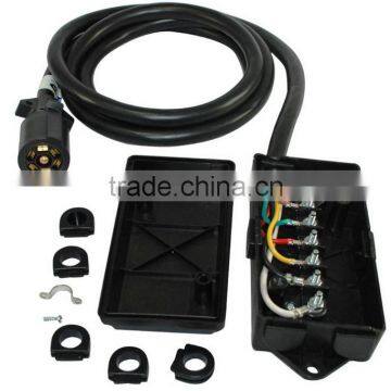 S10371 7-Way 6FT Trailer Plug Cord With 7-Pole Wiring Junction Box - Inline Harness Kit RV Blade Molded Wire Connector