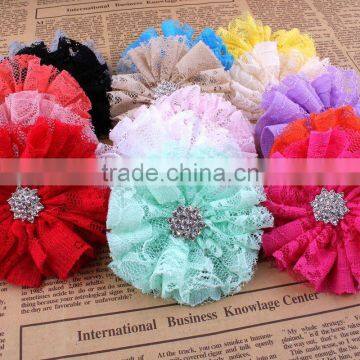 handmade lace flower with rhinestone center flower pin for kid's clothing