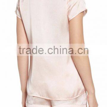 MGOO Plain Satin Pajamas Set Women Pyjama Set With Private Label White Piping Two Pieces Nightwear photo-2