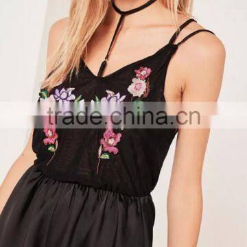 2017 Sexy Black Satin Pyjama Set Embroidered Custom Logo Harness Sweet Floral Teddy With Elasticated Waist photo-3
