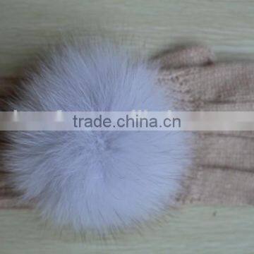 2017 HOT SELL knitting finger glove with removable fox fur pompon/ fashion fur pompon mittens