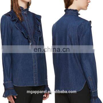 New Model Shirts Women Blue Ruffled Denim Shirts