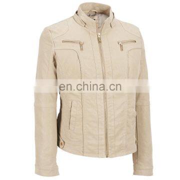 Beige Women's Faux Leather zip closure Long sleeve detechable hood Imitation Leather Jacket with Metal Zipper