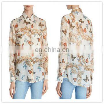 High Quality Latest Butterfly Printed Shirt Semi-Sheer Silk Blouse Women