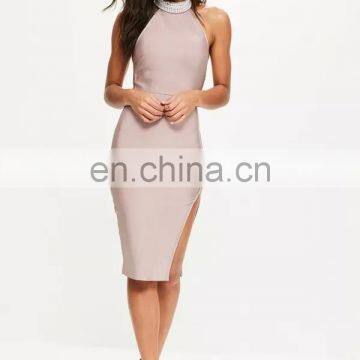 2017 High Neck Front Split Women Bodycon Midi Dress photo-2