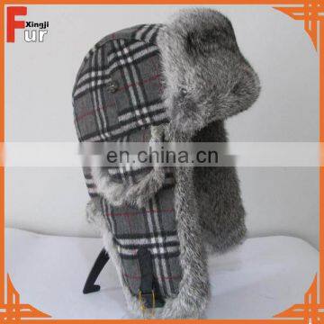 Real Rabbit Fur Hat Earflap Trooper Hat Men and Women Fur Hat Plaid Winter Hat