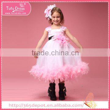 Pink long feather flower girl tutu dresses with high lines for young girl