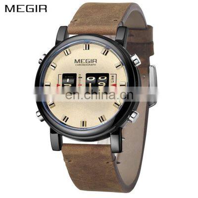 MEGIR 2137 Men Luxury Leather Bands Wristwatches Rolleer Dial Day Time Showed Quartz Watch Boys