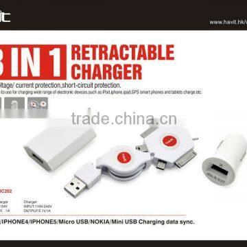 2014 new arrival 3 in 1 universal retractable USB charger