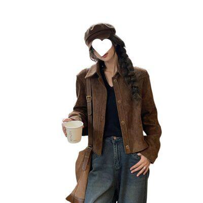 Coffee Suede Coat Women's New Autumn Vintage Lapel Senior Sense Niche Short Jacket Top photo-5