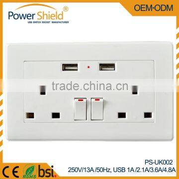 Residential/Hospital/Home Combination 2 way 2 gang uk wall power Schuko socket dual USB 4.8Amp changeable frame