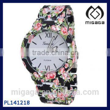 Fashion black silicone flower printing quartz fashion watch