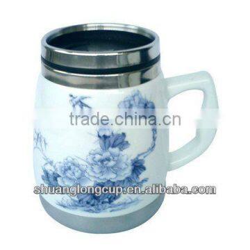 ceramic 450ml double wall barrel shaped travel mug