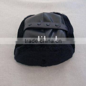 Warm mens black leather winter hat