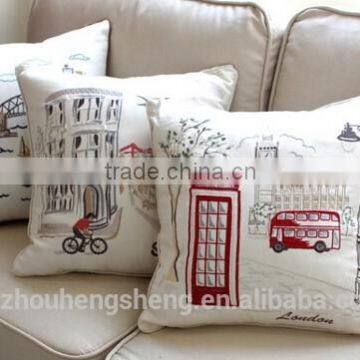 new super soft cotton/linen city embroidery cushion