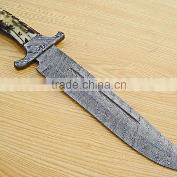 18" LONG RARE RAM HORN HANDLE DAMASCUS SPACERS, " TRUE DAMASCUS" HUNTING BOWIE.