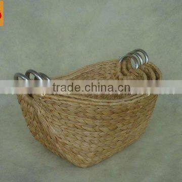 Handmade water hyacinth storage basket with metal handle shelf tote