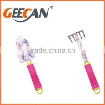 High quality TPR handle shovel, rake, fork, metal head shovel floral printing garden tools set