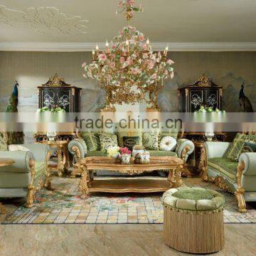 European Palace Solid Wood Hand Carved 24K Gold Plated Living Room Sofa Set/Royal Wooden Home Furniture (MOQ=1 SET)