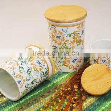 stoneware decal canister set with wood lid, airtight canister