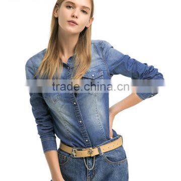 China Wholesale New Design Customized Shirt Denim Lady Blouse for Women photo-3