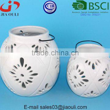 BSCI Audit Factory White Tea Light Lantern With Metal Handle, Ceramic Round Lantern photo-4