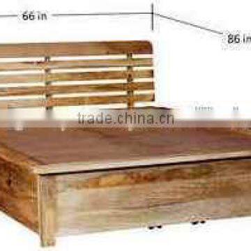 Natural Mango Wood Finish Solid Wooden Queen Size Bed With Storage