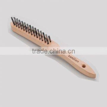 2014 the newest style SJIE3006-1 wholesale black steel wire brush with long flat wooden handle,bamboo wire brush